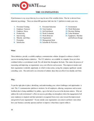 34
THE ©21 INITIATIVES
If performance is my target then my focus may be one of the variables below. This list is derived from
industrial psychology. There are about 400 questions built into the IV platform to make your own.
1. Personnel Training
2. Employee Turnover
3. Employee Stress
4. Productivity
5. Interviewing
6. Minority and Ethics
7. Promotion
8. Satisfaction
9. Personnel Selection
10. Task Analysis
11. Job Enrichment
12. Work Evaluation
13. Work Behavior
14. Organization
15. Management Style
16. Schedule & Presence
17. Environment
18. Work Motivation
19. Decision Making
20. Labor Relations
21. Equipment, Machine
and Software Design
What:
These initiatives provide a scalable employee communication solution designed to enhance a leader’s
success in meeting business initiatives. The ©21 initiatives are available in a singular focus yet when
combined deliver a correlational result. We will detail this throughout the book. This makes the process of
measuring and improving an organization easy,cost effective and accurate. This empowers leaders and
their organization to identify opportunity in which to take action, saving the company significant outside
consulting costs. The end result is an extraction of solution ideas that can affect Cost, Quality and Time.
Why:
To put the right plan in place, identifying and understanding your critical challenges and opportunities is
vital. The IV communication platform is inclusive for all employees, allowing anonymous and accurate
feedback due to being uninhibited by politics, ego or the lack of access to the decision makers. Why not
address the work environment’s effect on success,providing an atmosphere where the engagement of all
your employees is inspired and their potential is recognized from every voice toward the improvement
and growth of your organization? No one outside your organization can come in and know more about
how your business currently operates and how to improve it than those experts within it.
 