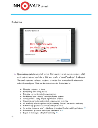 44
Detailed Note
6. Give assignments that progressively stretch. This is a project or task given to employees which
are beyond their current knowledge or skills level in order to “stretch” employee’s development.
The stretch assignment challenges employees by placing them in uncomfortable situations in
order to learn and grow. These are first-time activities for direct reports i.e.
o Managing a volunteer or intern
o Participating in the hiring process
o Executing a new or important company project
o Participating in the company’s strategic planning process
o Turning around a failing project, department or operation
o Organizing and leading an important company event or meeting
o Set up a buddy system so people can get continuing feedback and practice leadership.
o Volunteer high potentials for cross-boundary task forces
o Set up blog focused on what’s critical now for continual feedback with hyperlinks on IV.
o Have them set up a virtual meeting for contribution in IV.
o Be part of or manage a safety task team using IV.
Here is the note with
detail you task the people
into action with.
 