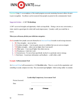 52
Exercise- Using IV as an employee of the month program can assist mentoring because it allows for peer
to peer recognition. Excellence can be resourced when people are posted on the communication board.
Suggested Action— A 360° Methodology
A 360° can revealstrengths and opportunity which can map divide. During a one on one conversation, a
vision match is agreed upon for which skill needs improvement. Consider a skill you would like to
assess.
When you self-assess, divide your skills into categories:
(Red) examples how people can score themselves in InnovateVirtual it results in and average measure:
1. 10. Clear strengths— me at my best.
2. 9. Overdone strengths— I am too good, you are so confident that you are seen as arrogant.
3. 7-8 Hidden strengths— others rate me higher than I rate myself.
4. 5-6 Blind spots— I rate myself higher than others rate me.
5. 3-4 Weaknesses - I don't do it well.
6. 2. Untested areas - I've never been specifically involved in a particular task or strategy.
7. 1. Don't know - I need more information and feedback— a skill within a skill.
Example: Self-assessment Tool
An InnovateVirtual self-assessment is a 1-10 Checklist online. There is a score for the organization and
something to easily compare over time. The assessment type highlights which scoring outline to consider.
Leadership Competency Assessment Tool
Person Assessed:
Date
Assessor:
Performance
Leadership
Collaborative
Leadership
People
Leadership
 