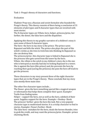 Task 1- Propp’s theory of characters and functions.
Evaluation
Vladimir Prop was a Russian and soviet formalist who founded the
Propp’s theory. This theory consists of there being a conclusion of 31
elements of plot types and 8 character types that are involved with
most stories.
The 8 character types are Villain, hero, helper, princess/prize, her
farther, the donor, the false hero and the dispatcher.
Applying this theory to my graphic narrative of a children’s story it
uses some of these 8 character types.
The hero- the hero in my story is the prince. The prince saves
Rapunzel and kills the witch. The prince also plays the part of the
witch’s victim as she tries to trick him into thinking its Rapunzel so
she can destroy him.
The princess/prize- this character type is linked to Rapunzel she is
the princess who gets saved from the tower by the hero.
Villain- the villain is the witch in my children’s story she is the one
who is betrayed as morally bad due to locking Rapunzel in a tower.
She is against the hero (the prince) and she prevents the hero by
reaching their goal (saving the princess) she puts the hero off track to
get the princess.
These characters in my story present three of the eight character
types that are in the Propp’s theory. These conclude that my story
uses mostly three main ones
The other five character types include…
The Donor- gives the hero something special like a magical weapon
or information that helps them complete their quest. Example=
Turtle from finding nemo.
Helper – support the hero, not as well as the hero, sidekick of their
quest. Supplies support for the hero. Example = Donkey- Shrek
The princess’ farther- gives the hero the task. Not a very popular
character type in modernised stories. It is a tricky character to find in
stories. Example= Fiona’s Farther- Shrek
The false hero- mistaken for the hero, steals the heroes thunder, tries
to grab the credit, and may want the princess/prize. Example= prince
charming Shrek.
 