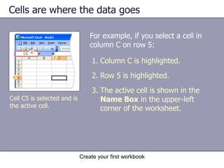 Create your first workbookColumns, rows, and cellsThe first 26 columns have the letters from A through Z. Each worksheet contains 256 columns in all, so after Z the letters begin again in pairs, AA through AZ, as the picture shows. Row headings go from 1 through 65,536. Column and row headings