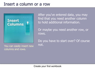 Create your first workbookEdit dataYou can edit letters or numbers by selecting them and then typing something different. You can insert new letters or numbers into the cell’s data by positioning the insertion point and typing them.The worksheet now says Edit in the status bar. 