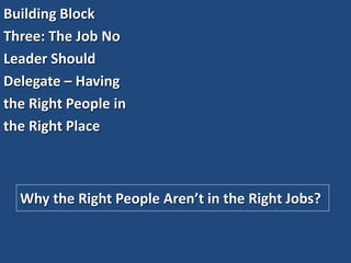 Building Block
Three: The Job No
Leader Should
Delegate – Having
the Right People in
the Right Place
Why the Right People Aren’t in the Right Jobs?
 