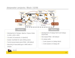 deepwater projects: Block 15/06
                                                                  Mpungi-1                 Cabaca North-1
                                                                   (2010)                     (2009)
                         Nzanza-1 -1
                                  -
                          (2009)       Nzanza North Xikomba
                                                                                               N3
                                                                   Mondo NW




                                                                1000
                                W5                  Cinguvu-1                   Cabaça 1
                                                                                                 Cabaca SE-1




                                                                 m
                                                      (2010)




                                                                1
                           W6                                                                      (2010)
                                                                Mondo W
                                W7

                W-HUB
                                        W10     W11                             Cabaça S
                                                 W12     BAVUCA        MONDO
                                                                                    M1-N
                           N’Goma-W
                                            Sangos-1
                      N’Goma-1 -1
                       (
                          N’
                       (2008))
                                1            (2008)
                                                                                M1-S
                                                                                                    E-HUB
                                                                          BATUQUE
                                       RECO RECO



                    West Hub                                                                    East Hub


 Development of Sangos, Ngoma, Cinguvu fields                          Development of Cabaça North and Cabaça
                                                                         South-East
  (1,250-1,450 m WD)
                                                                        One leased FPSO: 100 kbbls/d
 16 wells (10 producers, 6 injectors)
                                                                        21 subsea wells
 Cluster manifolds for each drilling centre
                                                                            2 well clusters on Cabaça North
 Turret-moored stand alone FPSO: 100 kbbls/d
                                                                            2 well clusters on Cabaça SE
 Recycling of associated gas in WAG wells in
  Sangos




                                                                                                               36
 