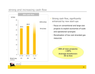 strong and increasing cash flow
                     SSA cash flow
  $/boe
                                                    • Strong cash flow, significantly
          35
                                        100 $/boe     enhanced by new start-ups
          30             28.9
                                                      Focus on conventional and large size
               26.5
                                        70 $/boe       projects to exploit economies of scale
          25
                                                       and operational synergies
                                                            p           y   g
          20                                          Monetization of low cost stranded gas
                                                       resources
          15



          10



          5                                                 IRR of new projects:
                                                                   ~28%

          0
                                                            Average breakeven:
               07-09    08-10   11-14                            36 $/boe
 Brent avg      77       79      70
 ($/
 ($/boe)
       )




                                                                                          50
 