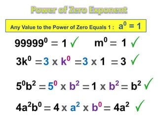 999990
1=
Any Value to the Power of Zero Equals 1 : a0
= 1
m0
1=
3k0
3 x k0
3 x 1 3= = =
50
b2
50
x b2
1 x b2
b2
= = =
4a2
b0
4 x a2
x b0
4a2
= =
 