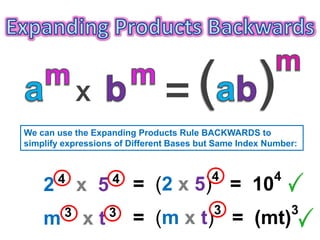 We can use the Expanding Products Rule BACKWARDS to
simplify expressions of Different Bases but Same Index Number:
2 4
x 5 4
= (2 x 5)4
= 104
m 3
x t 3
= (m x t)3
= (mt)3
 