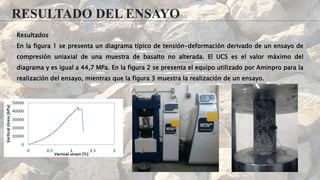 RESULTADO DEL ENSAYO
Resultados
En la figura 1 se presenta un diagrama típico de tensión-deformación derivado de un ensayo de
compresión uniaxial de una muestra de basalto no alterada. El UCS es el valor máximo del
diagrama y es igual a 44,7 MPa. En la figura 2 se presenta el equipo utilizado por Aminpro para la
realización del ensayo, mientras que la figura 3 muestra la realización de un ensayo.
 