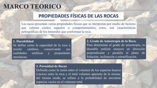 MARCO TEORICO
1. Durabilidad
Se define como la capacidad de la roca a
resistir cambios, conservando sus
cualidades estéticas y propiedades
mecánicas.
2. Grado de Anisotropía de la Roca.
Para determinar el grado de anisotropía, es
deseable realizar ensayos en dirección
perpendicular y paralela al plano de
foliación, inclinación o estratificación.
3. Porosidad de Rocas
Definida como la razón entre el volumen de los espacios huecos
(vacíos) entre la roca y el total volumen aparente de la misma;
del mismo modo, se refiere a la probabilidad de encontrar
espacios vacíos en el volumen total.
PROPIEDADES FÍSICAS DE LAS ROCAS
Las rocas presentan varias propiedades físicas que se interpretan por medio de factores
que valoran ciertos aspectos o comportamientos; estos, son características
petrográficas de los minerales que conforman la roca.
 