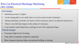 BITS Pilani, Hyderabad Campus
Wire Cut Electrical Discharge Machining
(WC-EDM)
Advantages
 Machining accuracy is higher.
 As the cutting path is very small, there is very less removal ratio of material.
 During machining, electrode wire doesn’t touch work piece, there is no physical cutting force.
 There is very little heat impact on the surface of work piece
 It can machine small shape holes, small gap or job with complicated shape.
Disadvantages
o Consumes high levels of energy
o Only able to machine conductive materials.
o More expensive process than conventional milling or turning.
 