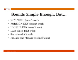 ©	
  2011	
  –	
  2013	
  PERCONA	
  
Sounds Simple Enough, But…
•  NOT NULL doesn’t work
•  FOREIGN KEY doesn’t work
•  UNIQUE KEY doesn’t work
•  Data types don’t work
•  Searches don’t scale
•  Indexes and storage are inefficient
 