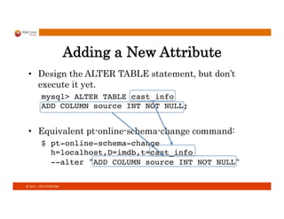 ©	
  2011	
  –	
  2013	
  PERCONA	
  
Adding a New Attribute
•  Design the ALTER TABLE statement, but don’t
execute it yet.
mysql ALTER TABLE cast_info  
ADD COLUMN source INT NOT NULL;!
•  Equivalent pt-online-schema-change command:
$ pt-online-schema-change  
h=localhost,D=imdb,t=cast_info  
--alter ADD COLUMN source INT NOT NULL!
 