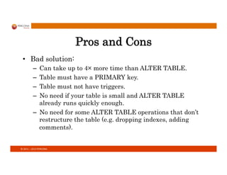 ©	
  2011	
  –	
  2013	
  PERCONA	
  
Pros and Cons
•  Bad solution:
–  Can take up to 4× more time than ALTER TABLE.
–  Table must have a PRIMARY key.
–  Table must not have triggers.
–  No need if your table is small and ALTER TABLE
already runs quickly enough.
–  No need for some ALTER TABLE operations that don’t
restructure the table (e.g. dropping indexes, adding
comments).
 