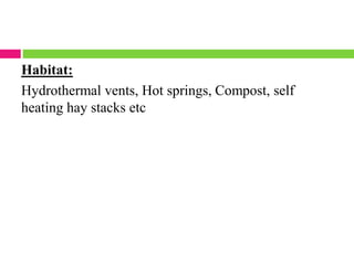 Habitat:
Hydrothermal vents, Hot springs, Compost, self
heating hay stacks etc
 