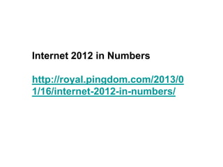 Internet 2012 in Numbers
http://royal.pingdom.com/2013/0
1/16/internet-2012-in-numbers/
 