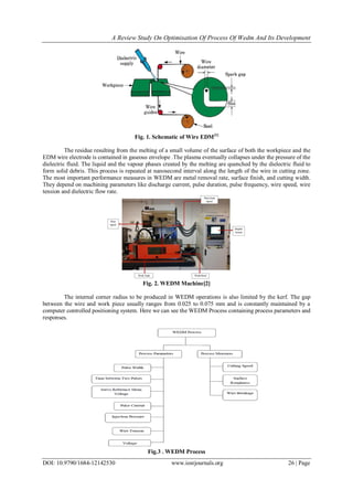 A Review Study On Optimisation Of Process Of Wedm And Its Development
DOI: 10.9790/1684-12142530 www.iosrjournals.org 26 | Page
Fig. 1. Schematic of Wire EDM[1]
The residue resulting from the melting of a small volume of the surface of both the workpiece and the
EDM wire electrode is contained in gaseous envelope .The plasma eventually collapses under the pressure of the
dielectric fluid. The liquid and the vapour phases created by the melting are quenched by the dielectric fluid to
form solid debris. This process is repeated at nanosecond interval along the length of the wire in cutting zone.
The most important performance measures in WEDM are metal removal rate, surface finish, and cutting width.
They depend on machining parameters like discharge current, pulse duration, pulse frequency, wire speed, wire
tension and dielectric flow rate.
Fig. 2. WEDM Machine[2]
The internal corner radius to be produced in WEDM operations is also limited by the kerf. The gap
between the wire and work piece usually ranges from 0.025 to 0.075 mm and is constantly maintained by a
computer controlled positioning system. Here we can see the WEDM Process containing process parameters and
responses.
Fig.3 . WEDM Process
 