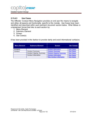 Detailed System Design
Prepared and Ow ned By - Capita Technologies
Confidential – Not to Be Reproduced or Emailed or Printed
Page 25 of 132 0731/2014
2.13.4.3 Use Cases
The Offender Conduct Menu Navigation provides an end user the means to navigate
and utilize all aspects and functionality specific to this module. Use Cases have been
identified and described within each pertinent document section below. What follows is
a tabularized format that links to each section by:
1. Menu Element
2. Submenu Element
3. Screen
4. Use Case(s)
It has been provided in this fashion to provide clarity and avoid informational confusion.
Menu Element Submenu Element Screen Use Case(s)
Incidents Incident Information Use Cases
Conduct Conduct Summary Conduct Summary Use Cases
Conduct Hearing Summary Conduct Hearing Summary Use Cases
Conduct Information Conduct Information Use Cases
New Conduct Information Use Cases
 