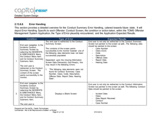 Detailed System Design
Prepared and Ow ned By - Capita Technologies
Confidential – Not to Be Reproduced or Emailed or Printed
Page 61 of 132 0731/2014
2.13.6.6 Error Handing
This section provides a detailed overview for the Conduct Summary Error Handling, catered towards future state. It will
depict Error Handling Specific to each Offender Conduct Screen, the condition or action taken, within the TOMS Offender
Management System Application, the Type of Error plausibly encountered, and the Application Expected Results.
Condition Type of Error Expected Results
1
End user navigates to the
Incidents Conduct
Summary Screen by
selecting the INCIDENTS
& GRIEVANCES Menu,
the Conduct Menu Item,
and its Conduct Summary
Submenu Item.
The end user is
redirected to the Conduct
Summary Screen. The
content of the screen
paints successfully to the
monitor.
The end user is redirected to the Conduct
Summary Screen.
The contents of the screen paints
successfully to the monitor however one of
the following data elements have not been
successfully populated:
Dependent upon the missing Information
Screen Data Element(s) Grid Row(s), this
may result in the following Errors:
1. “The following data elements were not
found for Conduct Summary: Case
Number, Class, Code, Description,
Offense Date, Report Date, Hearing
Date”.
End user to not only be redirected to the Conduct Summary
Screen but painted to the screen as well., The following data
should be painted to the screen:
- Case Number
- Class (CLS)
- Code
- Description
- Offense Date
- Report Date
- Hearing Date
2
End user navigates to the
Incidents Conduct
Summary Screen by
selecting the INCIDENTS
& GRIEVANCES Menu,
the Conduct Menu Item,
and its Conduct Summary
Submenu Item.
The end user is
Displays a Blank Screen
End user to not only be redirected to the Conduct Information
Screen but painted to the screen as well. The following Conduct
Data should be painted to the screen
- Incident Date
- Class
- Date Report Received
- Conduct
- Case Number
 