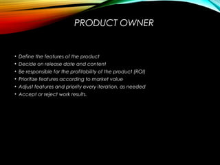 PRODUCT OWNER
• Define the features of the product
• Decide on release date and content
• Be responsible for the profitability of the product (ROI)
• Prioritize features according to market value
• Adjust features and priority every iteration, as needed 
• Accept or reject work results.
 