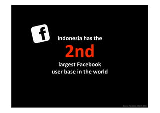 Indonesia has the 

     2nd 
  largest Facebook  
user base in the world 




                          Source: Facebook, March 2011
 