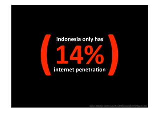 (                                    )
    Indonesia only has
                      


    14% 
    internet penetra2on 




                 Source: Slideshare.net/donnybu (Nov 2010) compared with Wikipedia data 
 