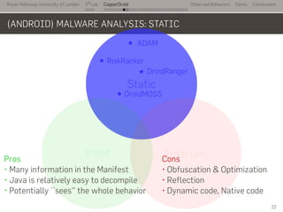 Royal Holloway University of London
. . .
S2
Lab
. . . . . . . . . . . . . . . . . . . . . . . . . . .
CopperDroid Observed Behaviors Demo Conclusions
(ANDROID) MALWARE ANALYSIS: STATIC
..
Static
.
Instrum.
.
VMM
..
ADAM
..
DroidRanger
..
RiskRanker
..
DroidMOSS
.
Pros
• Many information in the Manifest
• Java is relatively easy to decompile
• Potentially ``sees'' the whole behavior
.
Cons
• Obfuscation & Optimization
• Reflection
• Dynamic code, Native code
22
 