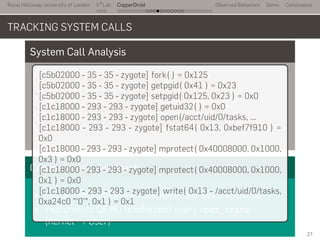 Royal Holloway University of London
. . .
S2
Lab
. . . . . . . . . . . . . . . . . . . . . . . . . . .
CopperDroid Observed Behaviors Demo Conclusions
TRACKING SYSTEM CALLS
System Call Analysis
Intercept when a system call is invoked
We need to intercept return to user-space too!
There is no SYSEXIT/SYSRET to intercept
Not every system call actually returns to lr
(e.g., exit, execve)
CopperDroid's Approach
instruments QEMU's emulation of the swi instruction
instruments QEMU to intercept every cpsr_write
(Kernel → User)
[c5b02000 - 35 - 35 - zygote] fork( ) = 0x125
[c5b02000 - 35 - 35 - zygote] getpgid( 0x41 ) = 0x23
[c5b02000 - 35 - 35 - zygote] setpgid( 0x125, 0x23 ) = 0x0
[c1c18000 - 293 - 293 - zygote] getuid32( ) = 0x0
[c1c18000 - 293 - 293 - zygote] open(/acct/uid/0/tasks, ...
[c1c18000 - 293 - 293 - zygote] fstat64( 0x13, 0xbef7f910 ) =
0x0
[c1c18000 - 293 - 293 - zygote] mprotect( 0x40008000, 0x1000,
0x3 ) = 0x0
[c1c18000 - 293 - 293 - zygote] mprotect( 0x40008000, 0x1000,
0x1 ) = 0x0
[c1c18000 - 293 - 293 - zygote] write( 0x13 - /acct/uid/0/tasks,
0xa24c0 "'0'", 0x1 ) = 0x1
27
 