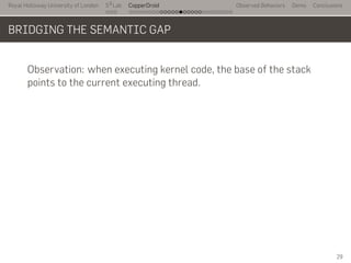 Royal Holloway University of London
. . .
S2
Lab
. . . . . . . . . . . . . . . . . . . . . . . . . . .
CopperDroid Observed Behaviors Demo Conclusions
BRIDGING THE SEMANTIC GAP
Observation: when executing kernel code, the base of the stack
points to the current executing thread.
.
29
 