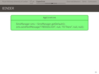 Royal Holloway University of London
. . .
S2
Lab
. . . . . . . . . . . . . . . . . . . . . . . . . . .
CopperDroid Observed Behaviors Demo Conclusions
BINDER
..
Application
.
SmsManager sms = SmsManager.getDefault();
sms.sendTextMessage("7855551234", null, "Hi There", null, null);
30
 