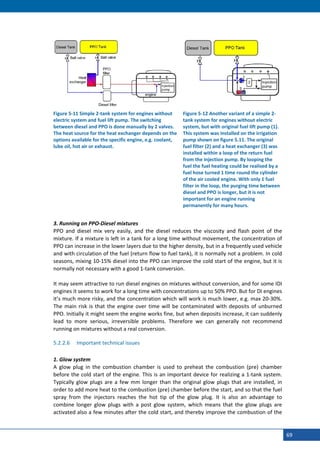  




    Figure 5‐11 Simple 2‐tank system for engines without         Figure 5‐12 Another variant of a simple 2‐
    electric system and fuel lift pump. The switching            tank system for engines without electric 
    between diesel and PPO is done manually by 2 valves.         system, but with original fuel lift pump (1). 
    The heat source for the heat exchanger depends on the        This system was installed on the irrigation 
    options available for the specific engine, e.g. coolant,     pump shown on figure 5.11. The original 
    lube oil, hot air or exhaust.                                fuel filter (2) and a heat exchanger (3) was 
                                                                 installed within a loop of the return fuel 
                                                                 from the injection pump. By looping the 
                                                                 fuel the fuel heating could be realised by a 
                                                                 fuel hose turned 1 time round the cylinder 
                                                                 of the air cooled engine. With only 1 fuel 
                                                                 filter in the loop, the purging time between 
                                                                 diesel and PPO is longer, but it is not 
                                                                 important for an engine running 
                                                                 permanently for many hours.
     
    3. Running on PPO‐Diesel mixtures 
    PPO  and  diesel  mix  very  easily,  and  the  diesel  reduces  the  viscosity  and  flash  point  of  the 
    mixture. If a mixture is left in a tank for a long time without movement, the concentration of 
    PPO can increase in the lower layers due to the higher density, but in a frequently used vehicle 
    and with circulation of the fuel (return flow to fuel tank), it is normally not a problem. In cold 
    seasons, mixing 10‐15% diesel into the PPO can improve the cold start of the engine, but it is 
    normally not necessary with a good 1‐tank conversion. 
     
    It may seem attractive to run diesel engines on mixtures without conversion, and for some IDI 
    engines it seems to work for a long time with concentrations up to 50% PPO. But for DI engines 
    it’s much more risky, and the concentration which will work is much lower, e.g. max 20‐30%. 
    The  main  risk  is  that  the  engine  over  time  will  be  contaminated  with  deposits  of  unburned 
    PPO. Initially it might seem the engine works fine, but when deposits increase, it can suddenly 
    lead  to  more  serious,  irreversible  problems.  Therefore  we  can  generally  not  recommend 
    running on mixtures without a real conversion. 

    5.2.2.6    Important technical issues 
     
    1. Glow system 
    A  glow  plug  in  the  combustion  chamber  is  used  to  preheat  the  combustion  (pre)  chamber 
    before the cold start of the engine. This is an important device for realizing a 1‐tank system. 
    Typically  glow  plugs  are  a  few  mm  longer  than  the  original  glow  plugs  that  are  installed,  in 
    order to add more heat to the combustion (pre) chamber before the start, and so that the fuel 
    spray  from  the  injectors  reaches  the  hot  tip  of  the  glow  plug.  It  is  also  an  advantage  to 
    combine  longer  glow  plugs  with  a  post  glow  system,  which  means  that  the  glow  plugs  are 
    activated also a few minutes after the cold start, and thereby improve the combustion of the 
 

                                                                                                                    69
 