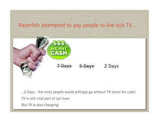 Razorﬁsh attempted to pay people to live w/o TV…




                           7 Days      5 Days       2 Days




 …2 Days - the most people would willingly go without TV (even for cash)
 TV is still vital part of our lives
 But TV is also changing
 