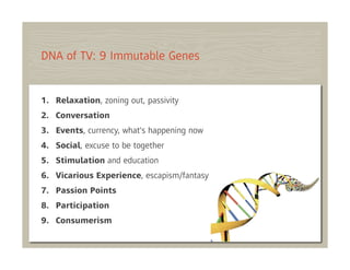 DNA of TV: 9 Immutable Genes


1.  Relaxation, zoning out, passivity
2.  Conversation
3.  Events, currency, what's happening now
4.  Social, excuse to be together
5.  Stimulation and education
6.  Vicarious Experience, escapism/fantasy
7.  Passion Points
8.  Participation
9.  Consumerism
 