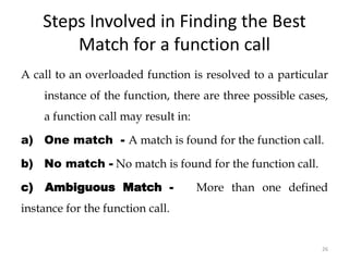 26
Steps Involved in Finding the Best
Match for a function call
A call to an overloaded function is resolved to a particular
instance of the function, there are three possible cases,
a function call may result in:
a) One match - A match is found for the function call.
b) No match - No match is found for the function call.
c) Ambiguous Match - More than one defined
instance for the function call.
 