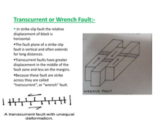 Transcurrent or Wrench Fault:-
 In strike-slip fault the relative
displacement of block is
horizontal.
The fault plane of a strike-slip
fault is vertical and often extends
for long distances.
Transcurrent faults have greater
displacement in the middle of the
fault zone and less on the margins.
Because these fault are strike
across they are called
“transcurrent”, or “wrench” fault.
 