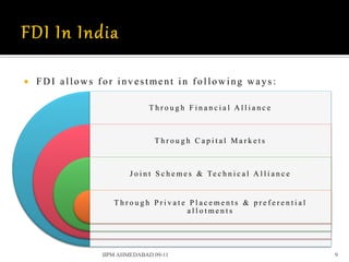    FDI allows for investment in following ways:

                              Through Financial Alliance



                                 Through Capital Markets



                        J o i n t S c h e m e s & Te c h n i c a l A l l i a n c e


                   Through Private Placements & preferential
                                  allotments




                IIPM AHMEDABAD 09-11                                                 9
 