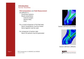 Introduction 
Former Workflow 
— FEA Computation and Field Measurement 
are different in: 
—Coordinate Systems 
—Result presentation 
— Colored Images 
— Section Plots 
— FLDs 
— For a visual comparison of full field data 
—Same visualizations must be chosen 
—Same legends must be used 
— For comparison of section data 
—Same 3D sections must be generated 
Page 4 FEA Comparison in ARAMIS and ARGUS 
Harald Friebe 
2-Frame 2-Frame Setup / Frame 1 Setup / Frame 2 
Section definition (LS-DYNA) 
Section definition (ARGUS) 
3-Frame Setup / Frame 1 3-Frame Setup / Frame 2 3-Frame Setup / Frame 3 
 