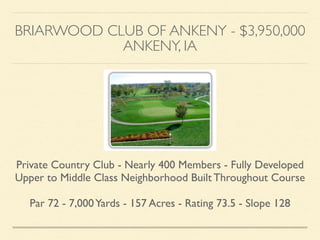 BRIARWOOD CLUB OF ANKENY - $3,950,000	

ANKENY, IA
Private Country Club - Nearly 400 Members - Fully Developed
Upper to Middle Class Neighborhood Built Throughout Course	

!
Par 72 - 7,000Yards - 157 Acres - Rating 73.5 - Slope 128
 