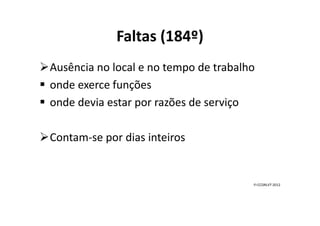 Faltas (184º)
Ausência no local e no tempo de trabalho
onde exerce funções
onde devia estar por razões de serviço
Contam-se por dias inteiros
FI-CCDRLVT-2012
 