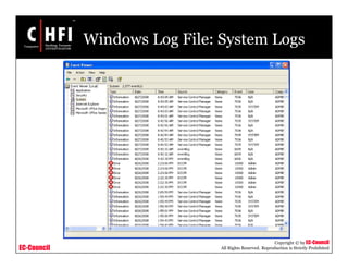 EC-Council
Copyright © by EC-Council
All Rights Reserved. Reproduction is Strictly Prohibited
Windows Log File: System Logs
 