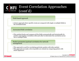 EC-Council
Copyright © by EC-Council
All Rights Reserved. Reproduction is Strictly Prohibited
Event Correlation Approaches
(cont’d)
• A basic approach where specific events are compared with single or multiple fields in
the normalized data
Field-based approach
• This method checks and compares all the fields systematically and intentionally for
positive and negative correlation with each other to determine the correlation across
one or multiple fields
Automated field correlation
• This approach is used for correlating particular packets with other packets
• This approach can make a list of possible new attacks by comparing packets with
attack signatures
Packet parameter/payload correlation for network
management
 