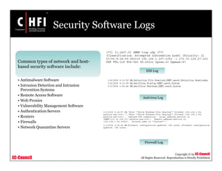 EC-Council
Copyright © by EC-Council
All Rights Reserved. Reproduction is Strictly Prohibited
Security Software Logs
Common types of network and host-
based security software include:
• Antimalware Software
• Intrusion Detection and Intrusion
Prevention Systems
• Remote Access Software
• Web Proxies
• Vulnerability Management Software
• Authentication Servers
• Routers
• Firewalls
• Network Quarantine Servers
IDS Log
Antivirus Log
Firewall Log
 