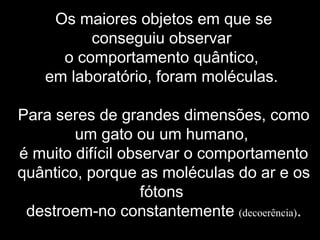 Os maiores objetos em que se
conseguiu observar
o comportamento quântico,
em laboratório, foram moléculas.
Para seres de grandes dimensões, como
um gato ou um humano,
é muito difícil observar o comportamento
quântico, porque as moléculas do ar e os
fótons
destroem-no constantemente (decoerência).
 