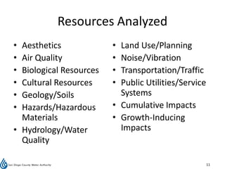 Resources Analyzed
• Aesthetics             • Land Use/Planning
• Air Quality            • Noise/Vibration
• Biological Resources   • Transportation/Traffic
• Cultural Resources     • Public Utilities/Service
• Geology/Soils            Systems
• Hazards/Hazardous      • Cumulative Impacts
  Materials              • Growth-Inducing
• Hydrology/Water          Impacts
  Quality

                                                      11
 