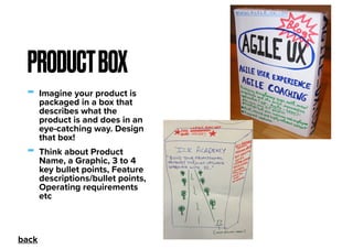 - Imagine your product is
packaged in a box that
describes what the
product is and does in an
eye-catching way. Design
that box!
- Think about Product
Name, a Graphic, 3 to 4
key bullet points, Feature
descriptions/bullet points,
Operating requirements
etc
PRODUCTBOX
back
 