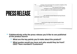 - Collaboratively write the press release you’d like to see published
at the product launch
- What are the key points you’d make about the product?
- What quotes would you have and who would they be from?
CEO? Team members? Customers?
PRESSRELEASE
The _______company announced today the successful completion of the
_________project. This project provides ___________________
_______________________________. The customer for this project,
________________, indicated in a recent interview that they selected
___________ as their supplier due to the following key benefits:
1. ______________________________________
2. ______________________________________
3. ______________________________________
________________ also identified several features that they felt were
particularly useful. These include:
1. ______________________________________
2. ______________________________________
3. ______________________________________
____________ noted that the single most important benefit of their
successful project was “__________________________________
_____________________________________.”
 