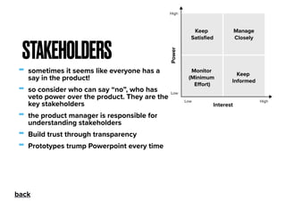 - sometimes it seems like everyone has a
say in the product!
- so consider who can say “no”, who has
veto power over the product. They are the
key stakeholders
- the product manager is responsible for
understanding stakeholders
- Build trust through transparency
- Prototypes trump Powerpoint every time
STAKEHOLDERS
back
 