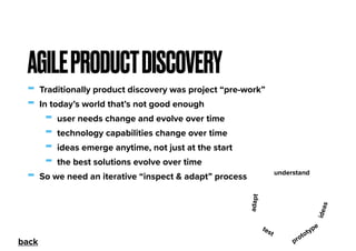 - Traditionally product discovery was project “pre-work”
- In today’s world that’s not good enough
- user needs change and evolve over time
- technology capabilities change over time
- ideas emerge anytime, not just at the start
- the best solutions evolve over time
- So we need an iterative “inspect & adapt” process
AGILEPRODUCTDISCOVERY
understand
ideas
test
adapt
prototype
back
 