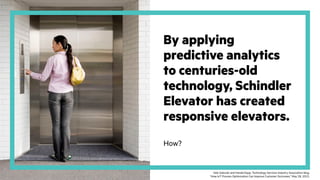 By applying
predictive analytics
to centuries-old
technology, Schindler
Elevator has created
responsive elevators.
How?
Vele Galovski and Harald Kopp, Technology Services Industry Association blog,
“How IoT Process Optimization Can Improve Customer Outcomes,” May 28, 2015.
 