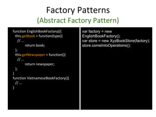 Factory Patterns
(Abstract Factory Pattern)
function EnglishBookFactory(){
this.getBook = function(type){
// …
return book;
};
this.getNewspaper = function(){
// …
return newspaper;
};
}
function VietnameseBookFactory(){
// …
}
var factory = new
EnglishBookFactory();
var store = new XyzBookStore(factory);
store.comeIntoOperations();
 