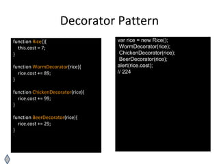 Decorator Pattern
function Rice(){
this.cost = 7;
}
function WormDecorator(rice){
rice.cost += 89;
}
function ChickenDecorator(rice){
rice.cost += 99;
}
function BeerDecorator(rice){
rice.cost += 29;
}
var rice = new Rice();
WormDecorator(rice);
ChickenDecorator(rice);
BeerDecorator(rice);
alert(rice.cost);
// 224
 